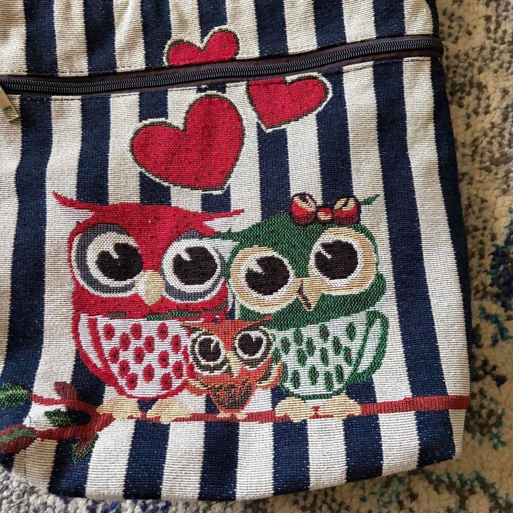 Owl Striped Canvas Crossbody Bag Blue White Whimsy Kawaii Heart Hearts Purse - Picture 8 of 8